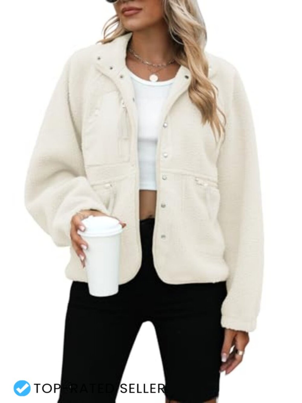 Womens Fleece Jacket Sherpa Fuzzy Coat Button Down Oversized